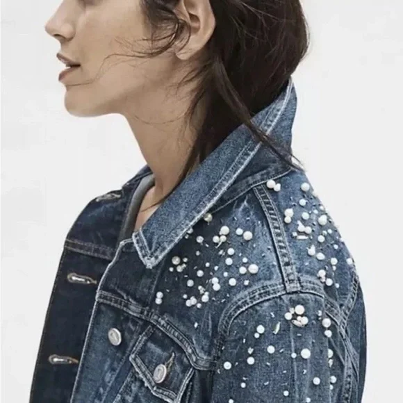 Anthropologie Pilcro Pearled Denim Trucker Jacket Size Medium - Picture 2 of 6